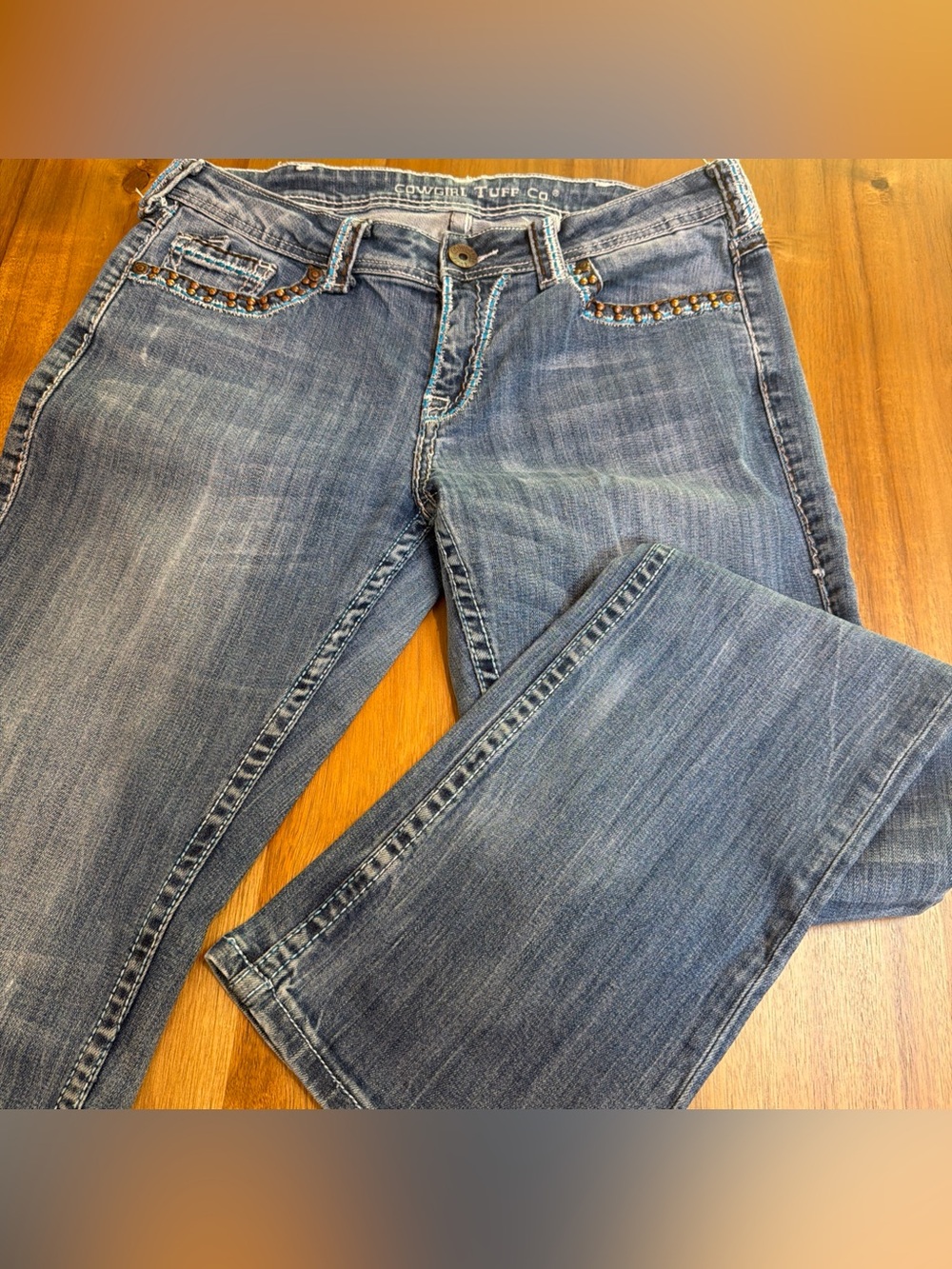 Cowgirl Tuff (Copper Beauty) Jeans Turquoise Stitch Copper Studs Sz 30 (33x32)